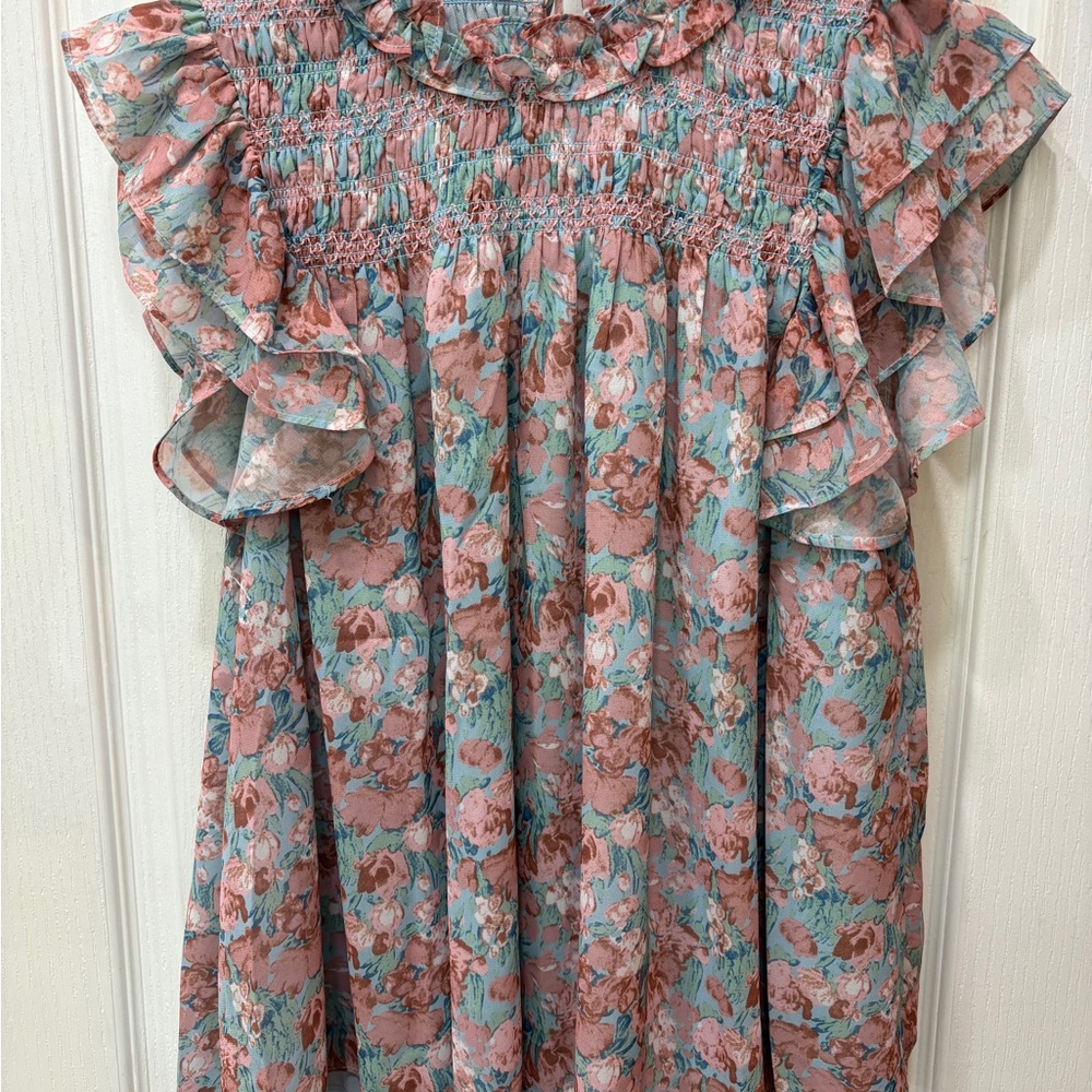En Saison Pink and Blue Floral Ruffle Blouse